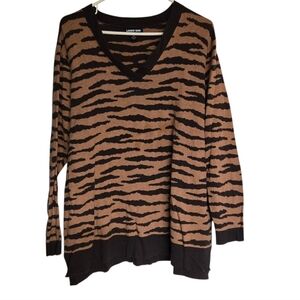 Lands' End V-Neck Sweater Brown Animal Print Knit Cotton Size 1X 16w-18w